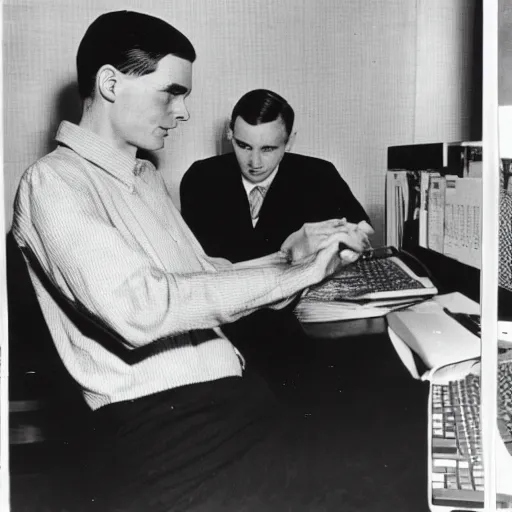 Image similar to alan turing with joan elisabeth lowther using a modern computer