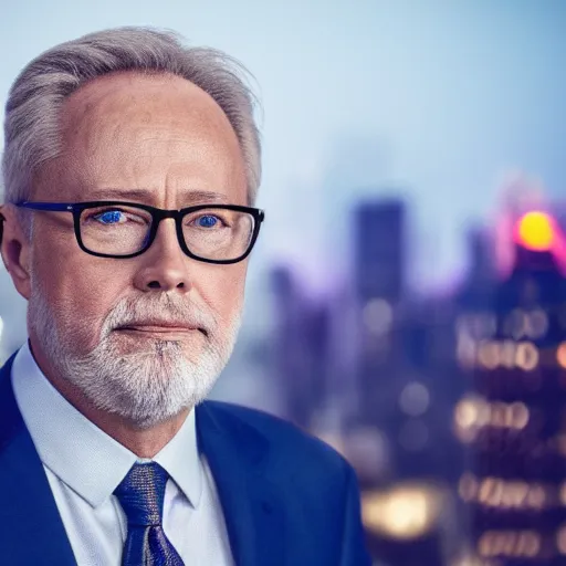 Image similar to a still of Wolf Blitzer . Shallow depth of field. City at night in background, lights, colors ,studio lighting, mood, 4K. Profession photography