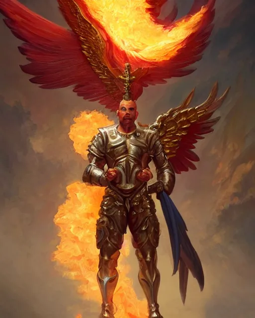 Prompt: character portrait of a burly male angel of justice, with fiery golden wings, wearing shining armor, wielding a flaming sword, by peter mohrbacher, mark brooks, jim burns, marina abramovic, wadim kashin, greg rutkowski, trending on artstation