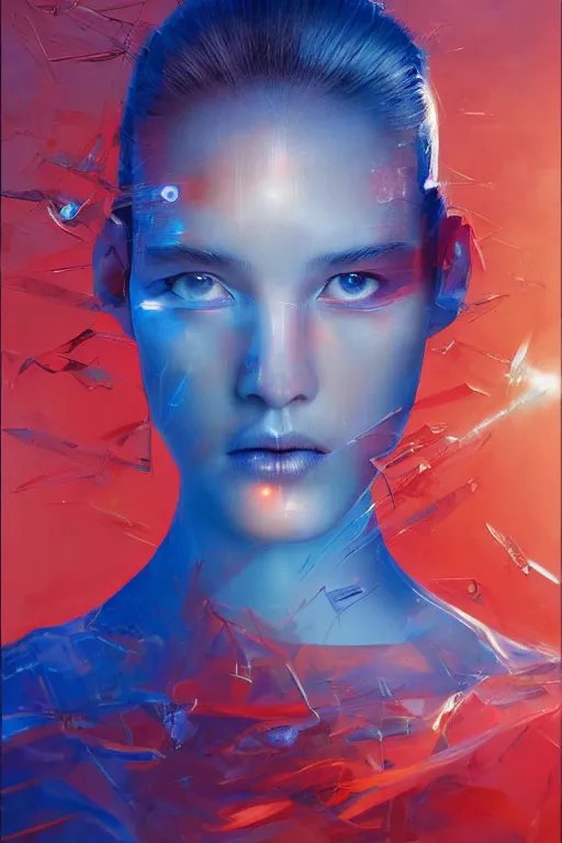 Prompt: 3 d, sci - fi, sun rays, sleepy fashion model face, cinematic, blue faces, vogue cover style, light red and deep blue mood, realistic painting, intricate oil painting, high detail, figurative art, multiple exposure, poster art, 3 d, by tooth wu and wlop and beeple and greg rutkowski