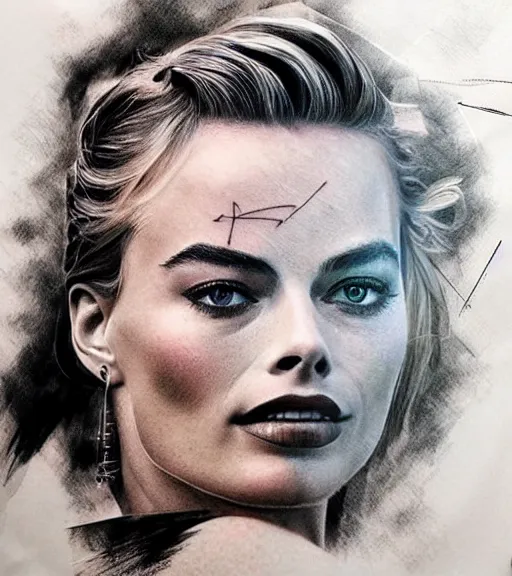 Image similar to tattoo sketch of margot robbie mash up with beautiful mountains, double exposure effect, in the style of arlo dicristina, hyper realism, amazing detail, sharp