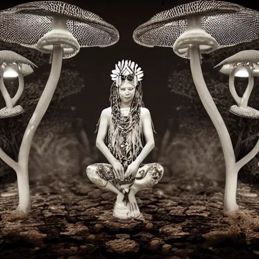 Image similar to mushroom goddess with extremely elegant headdress with group of elders in a ceremony for plant medicine, beautiful, hiroya oku, yoshitaka amano, alex grey, black and white, beautiful lighting, cinematic still, quantum gravity 3 d render, 8 k