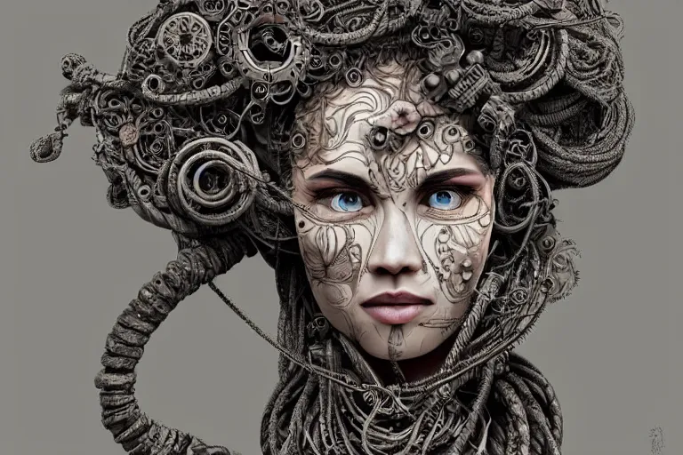 Image similar to beautifully stunning stonepunk woman_integrating_with_technology_full_face_insipiring_detailed_intricate_ornate_cables_connected_to_head_big_open_electric_eyes_ the_singulairty is now by Hironaka, Harumi