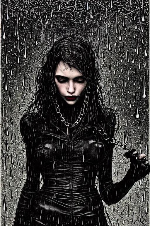 Image similar to dreamy gothic girl, black leather slim clothes, chains, strong rain night, beautiful body, detailed acrylic, grunge, intricate complexity, by dan mumford and by alberto giacometti, peter lindbergh