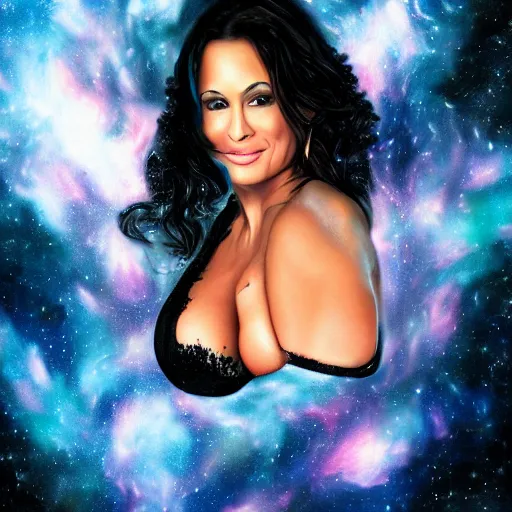 Prompt: a portrait of lisa ann in the space with nebulae, realistic painting, high definition, digital art, matte painting, very detailed, realistic