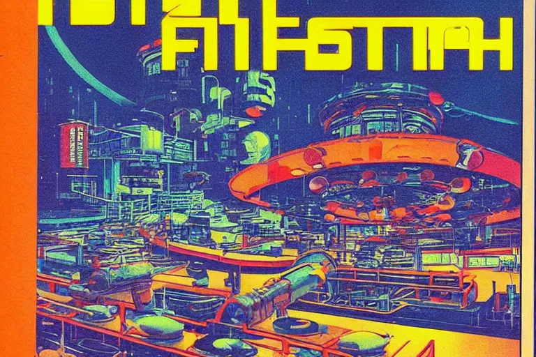 Image similar to 1 9 7 9 edition of automated tokyo fish processing plant. art in the style of vincent di fate's cyberpunk 2 0 2 0.