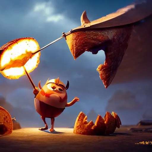 Image similar to viking battle toast, a slice of toasted bread with a face, arms and legs, holding a sword, cute, pixar, volumetric lighting, dynamic composition, fantasy, hyper detailed, ultra realistic, sharp focus, octane render, concept art by ruan jia and heng z and artem