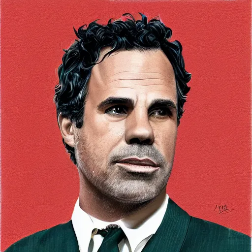 Image similar to portrait of mark ruffalo, highly detailed, centered, solid color background, digital painting