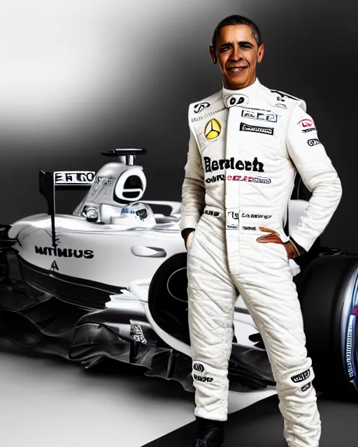 Image similar to a portrait of a mercedes f 1 driver in a white overall with the face of barack obama, outdoor, professional portrait photography, ambient light