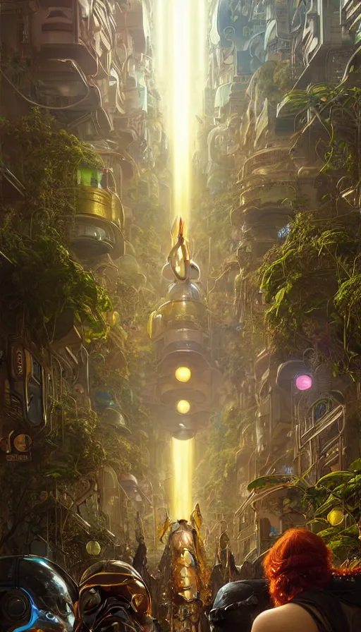 Image similar to hyper realistic aliens battling a golden goddess in a cyberpunk city, crowded market street overtaken by lush plants, kittens, full moon, light rays, gnarly trees by tom bagshaw, mucha, gaston bussiere, craig mullins, j. c. leyendecker 8 k