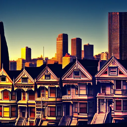 Image similar to a photograph of the painted ladies in san francisco at sunset artstation cyberpunk dreamscape high definition