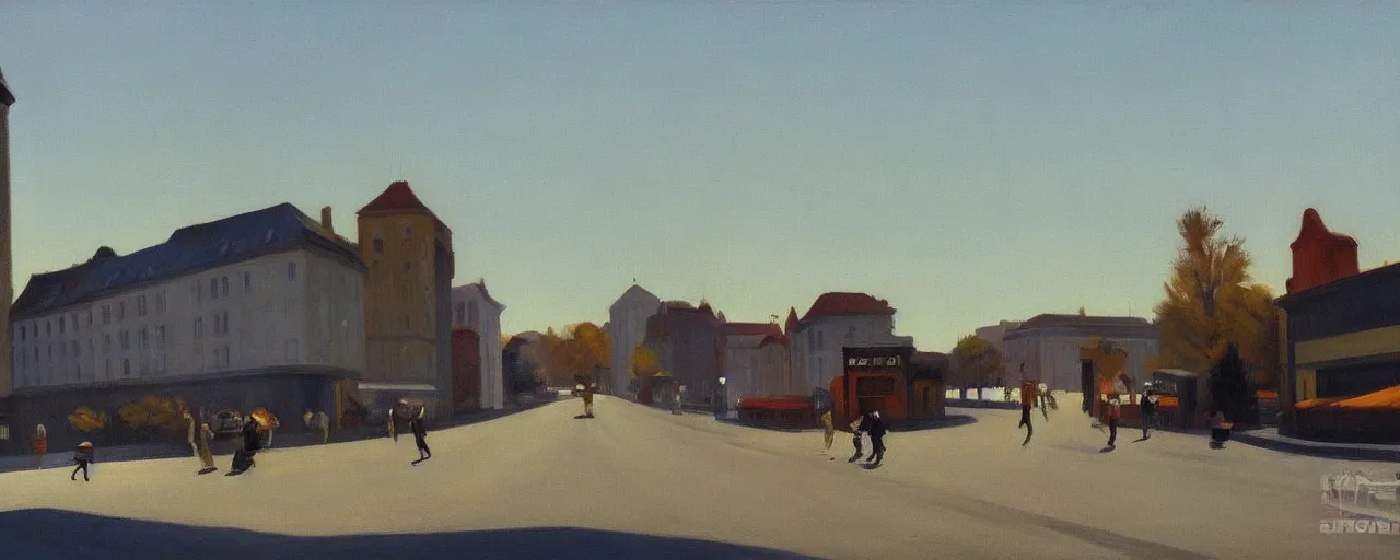 Prompt: an edward hopper style painting of a busy road of ( ( ( ( ( ( ( ( gyor ) ) ) ) ) ) ) ) in hungary, late - autumn, november of 1 9 4 8