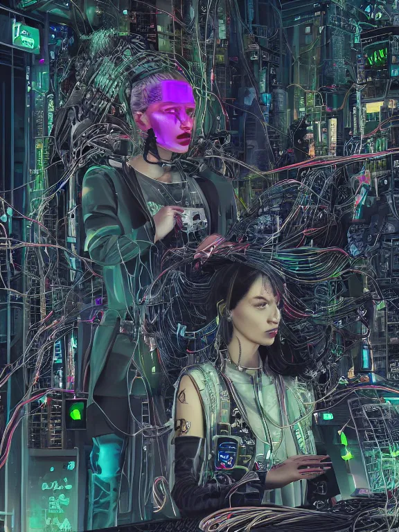 Image similar to a cyberpunk style illustration of two veiled female android queens kneel and pray with lots of complex mess of cables and wires behind them connected to giant computer,bowknot, fine lace, GUCCI, glittering, jewel embellishment, film lighting, by shibashake,Cedric Peyravernay,marie spartali Stillman,William Morris,Dan Mumford, trending on atrstation, full of color, mythological, high detailed,golden ratio,cinematic lighting