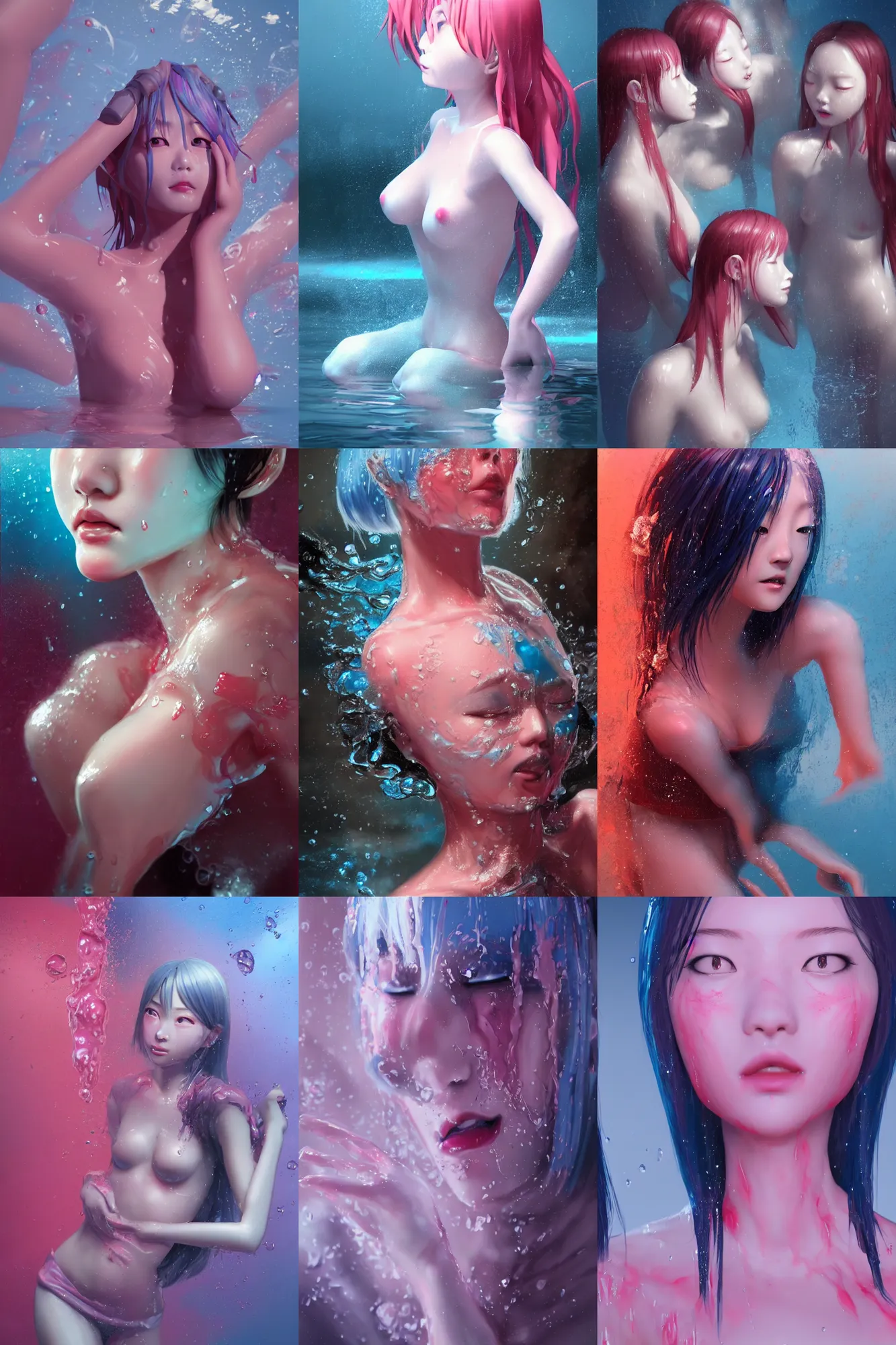 Prompt: 3d dark infrared octane render concept art by D. Jun, by Mo Xiang Tong Xiu, by Igarashi Daisuke, beauty portrait anime schoolgirls under dark pink and blue water. cute face. wet skin. dispersion water. mirror. dramatic light, trending on artstation, oil painting.