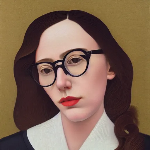 Prompt: portrait of a woman with brown wavy hair and glasses. andrey remnev. lois van baarle.