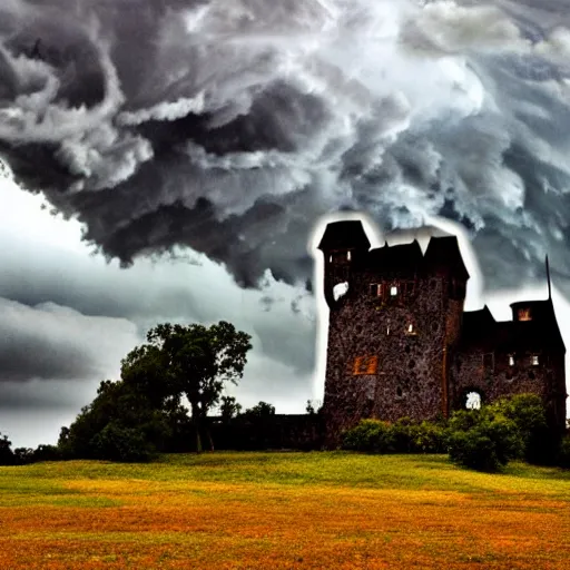 Image similar to dark stormy castle, thunder and lightning, atmospheric