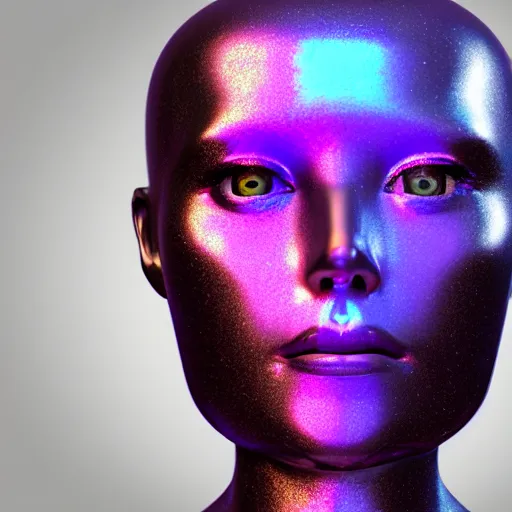 Image similar to 3d render of holographic human robotic head made of glossy iridescent, surrealistic 3d illustration of a human face non-binary, non binary model, 3d model human, cryengine, made of holographic texture, holographic material, holographic rainbow, concept of cyborg and artificial intelligence