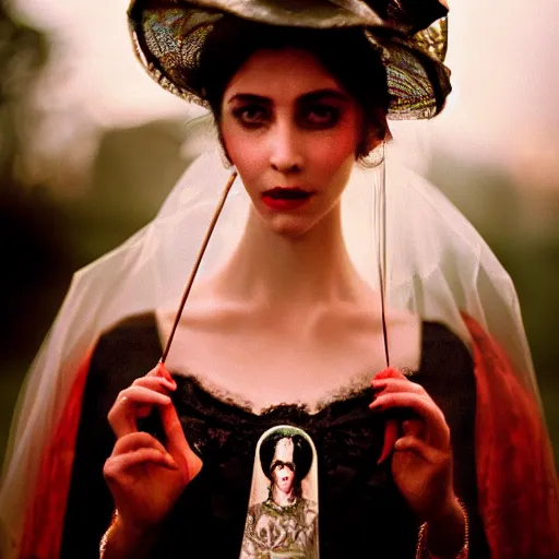 Prompt: A beautiful portrait of a lady vampire, victorian, photography, 35mm, depth of field, bokeh, soft light, cinematic, steve mccurry