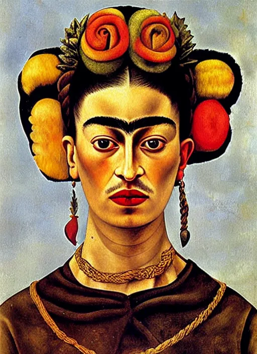 Image similar to portrait of young woman in renaissance dress and renaissance headdress, art by frida kahlo