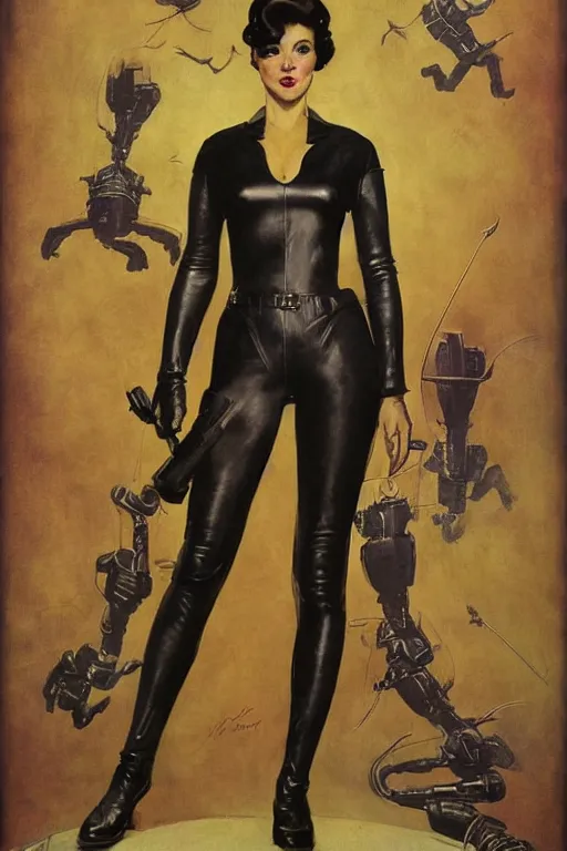 Image similar to 5 0 s pulp scifi fantasy illustration full body portrait elegant slim mature woman in leather spacesuit, dynamic, by norman rockwell, roberto ferri, daniel gerhartz, edd cartier, jack kirby, howard v brown, ruan jia, tom lovell, frank r paul, dean cornwell, astounding stories, amazing, fantasy, other worlds