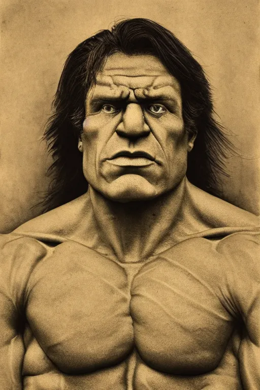 Prompt: the incredible hulk, portrait, full body, symmetrical features, silver iodide, 1 8 8 0 photograph, sepia tone, aged paper, master prime lenses, cinematic