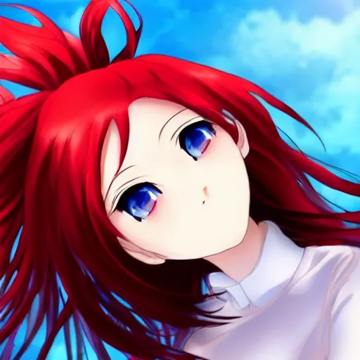 Image similar to A Beautiful Anime Girl with red hair and blue eyes at a lake, character design, facial symmetry, vivid