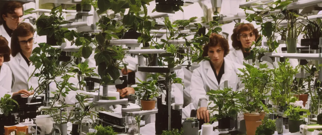 Image similar to filmic movie still 4 k uhd 3 5 mm film color photograph of minimal biology lab full of plants