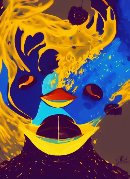 Image similar to a painting of a penguins face with blue and yellow smoke coming out of, a digital painting by petros afshar, behance contest winner, digital art, behance hd, digital illustration, digital painting