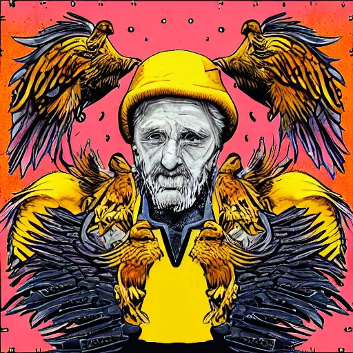 Image similar to an old man with 7 yellow birds as a rock album cover art, medieval fantasy game