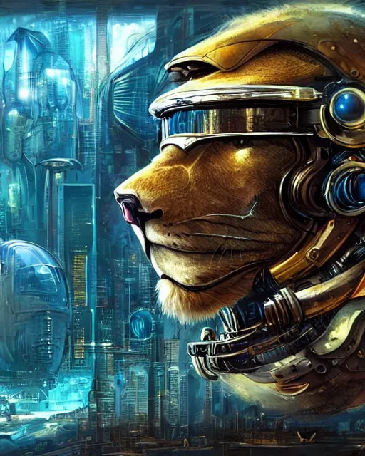 Image similar to a lion wearing a helmet with goggles on its head, cyberpunk art by Android Jones, cgsociety, retrofuturism, steampunk, dystopian art, sci-fi