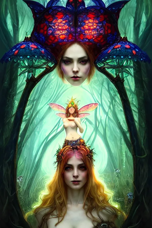 Image similar to stunningly beautiful female faerie priestess in amanita muscaria forest landscape, symmetrical wings on back, symmetrical detailed face, neon hair, fantasy art, dark light night, sharp focus, digital painting, 4 k, concept art, art by wlop, artgerm, greg rutkowski and alphonse mucha