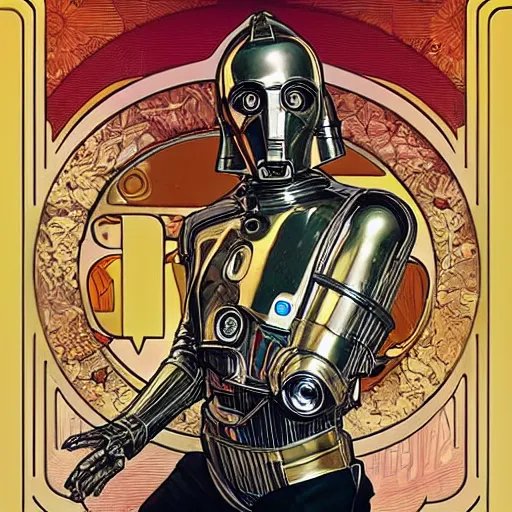 Prompt: c 3 po smoking crack cocaine by mcfarlane, alphonse mucha, artgerm and greg rutkowski and magali villeneuve. realistic.