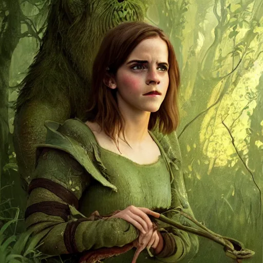 Image similar to Emma Watson as the green swamp ogre Fiona in Shrek, intricate, highly detailed, digital painting, artstation, concept art, sharp focus, illustration, art by greg rutkowski and alphonse mucha