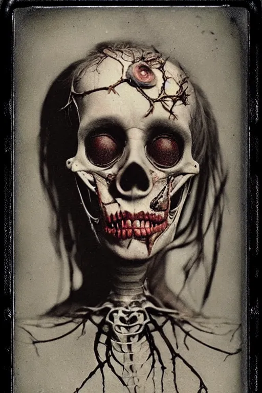 Image similar to an 1 9 1 0 polaroid photography of a very sad and detailed rotten woman corpse with fractal ornate growing around her face muscles, veins, arteries, bones, anatomical, skull, eye, ears, intricate, surreal, ray caesar, john constable, guy denning, dan hillier