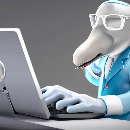 Prompt: An anthropomorphic grey dolphin wearing a white lab-coat and playing games on a computer, digital painting, close-up