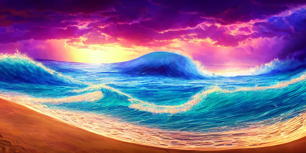 Image similar to A beach shaped like a singing mouth, the waves are made is musical notes, one wave is shaped like the mouths tongue, Very colorful painting 8k trending on art station, Intricate details, very realistic, cinematic lighting, volumetric lighting,