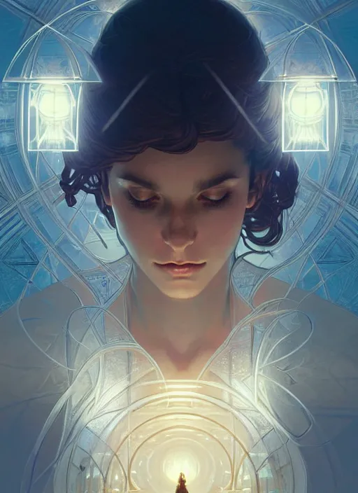 Image similar to symmetry!! mysterious cube floating, glowing lights!! intricate elegant, highly detailed, digital painting, artstation, concept art, smooth, sharp focus, illustration, art by artgerm and greg rutkowski and alphonse mucha