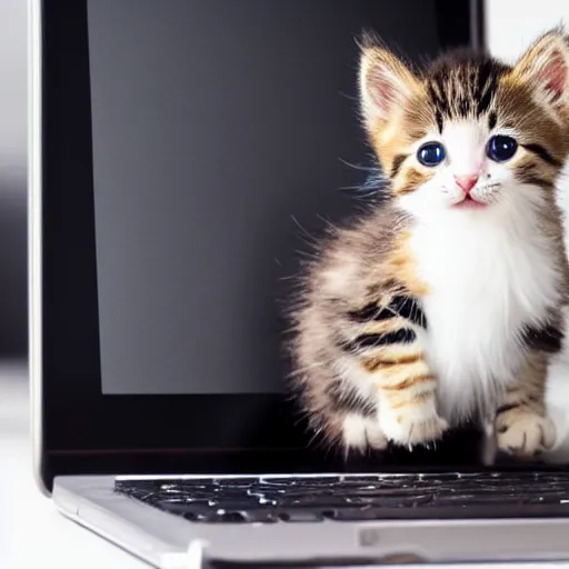 Image similar to an cute kitten is sticking its head out of a monitor of a laptop