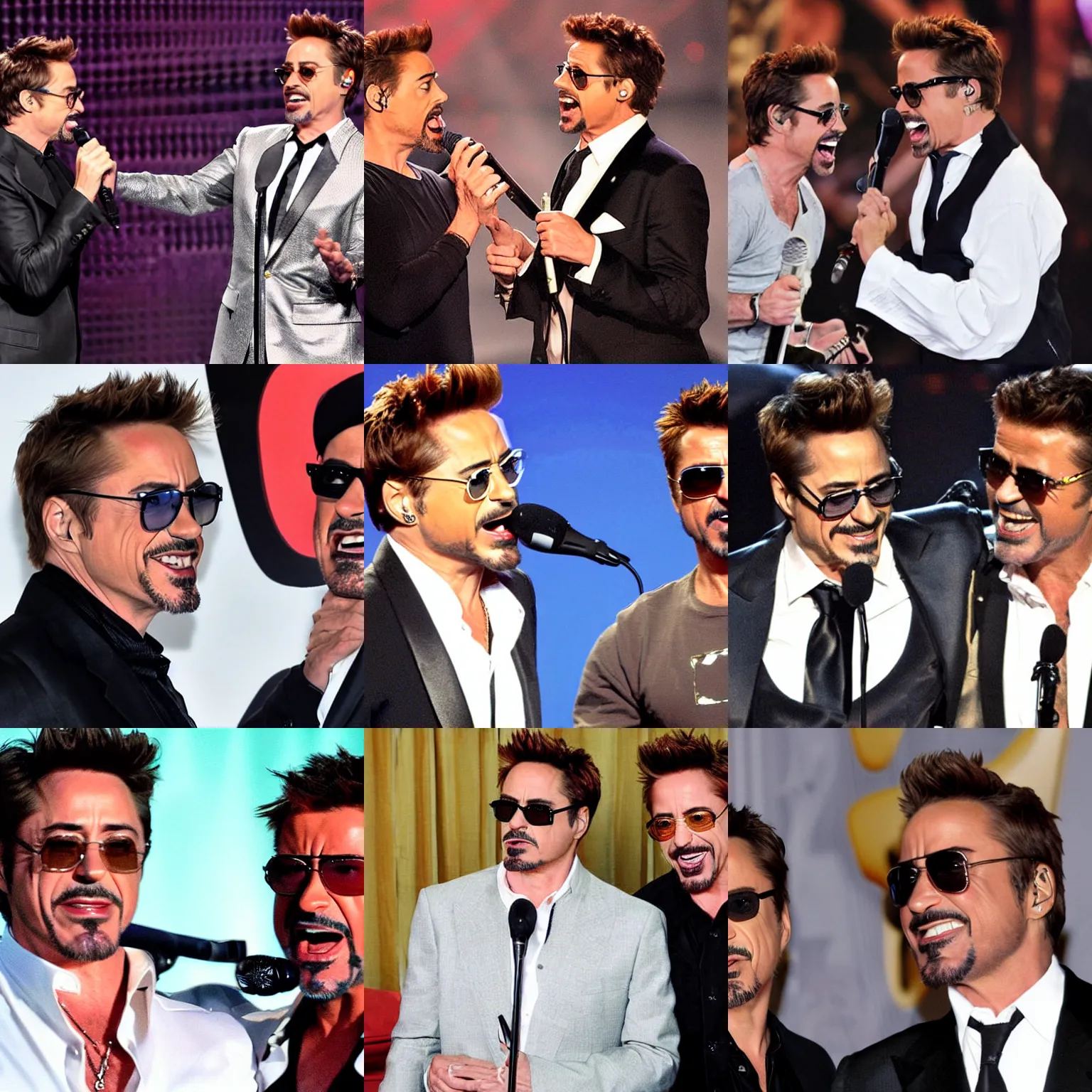 Prompt: robert downey jr. sings with george michael