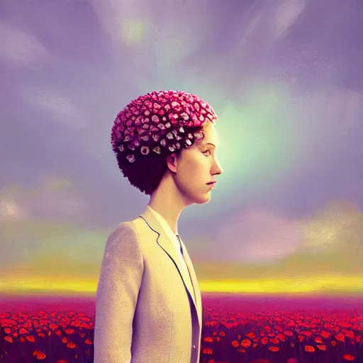 Image similar to large daisy flower head, frontal, girl in a suit, surreal photography, sunrise, dramatic light, impressionist painting, digital painting, artstation, simon stalenhag