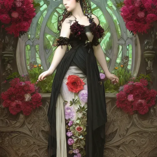 Image similar to goth girl wearing dress made out of various types of flowers, intricate, art by artgerm and greg rutkowski and alphonse mucha and william - adolphe bouguereau, high detailed, 4 k,