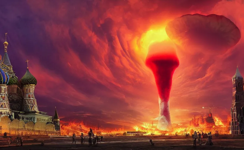 Image similar to ultra realistic picture of a big nuclear explosion with realistic nuclear mushroom in Red Square Kremlin, dramatic lighting, cinematic, extremely high detail, photo realistic, cinematic lighting, post processed, concept art, artstation, matte painting, unreal engine 8k