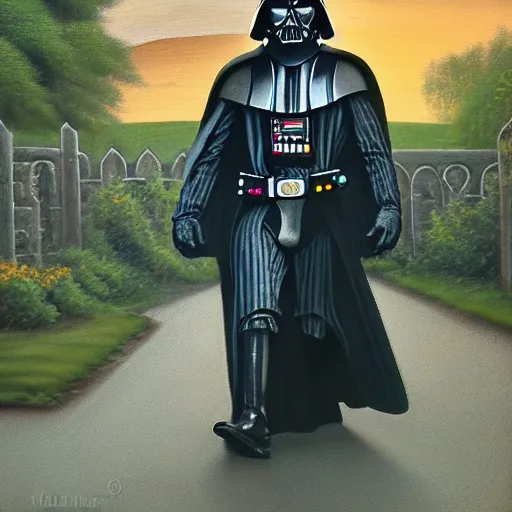 Prompt: a detailed oil painting of darth vader leaving a quaint norman flint church, english, churchyard, trees, golden hour, isometric