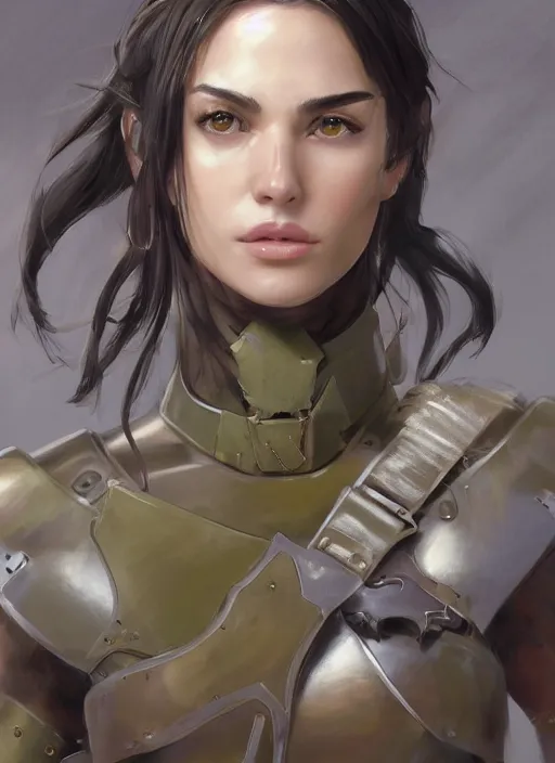 Image similar to a professionally painting of an attractive young female, partially dressed in military armor, olive skin, long dark hair, beautiful bone structure, perfectly proportioned, symmetrical facial features, intricate, elegant, heroic pose, digital painting, concept art, illustration, smooth, sharp focus, finely detailed, from Metal Gear, by Ruan Jia and Mandy Jurgens and William-Adolphe Bouguerea