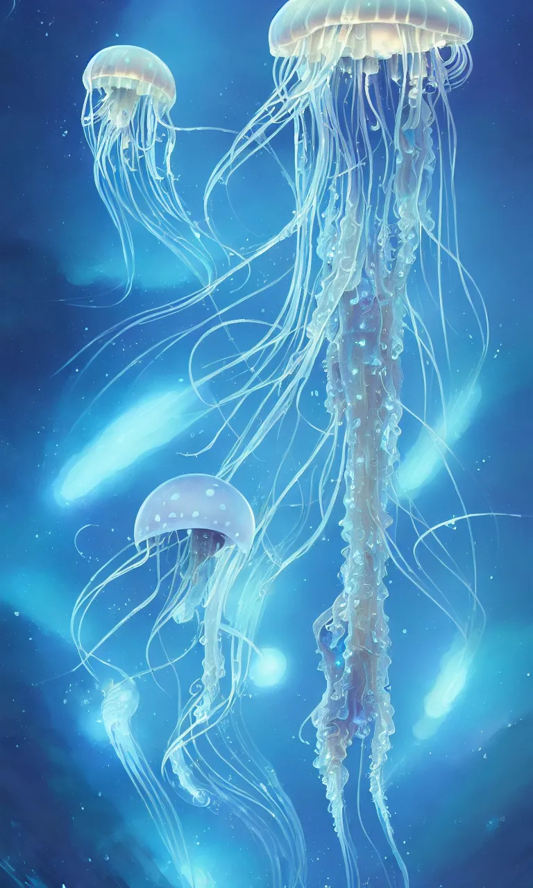 Image similar to detailed jellyfish in space, blue tones, underwater, full frame, highly detailed, digital painting, artstation, concept art, smooth, sharp focus, illustration, art greg rutkowski and alphonse mucha