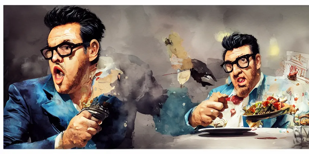 Image similar to cartoonish elvis costello eating dinner, vivid colors, character sheet, fine details, concept design, contrast, kim jung gi, greg rutkowski, watercolor, trending on artstation, 8 k, full body, turnaround, front view, back view, ultra wide angle