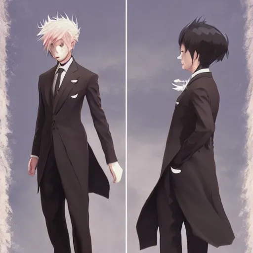 Prompt: rimuru tempest dressed as a butler, cute, highly detailed, professional digital painting, concept art, unreal engine 5, 8 k, cinematic, wlop, art by greg rutkowski, pixiv art, taiki kawakami, yoshitaka amano