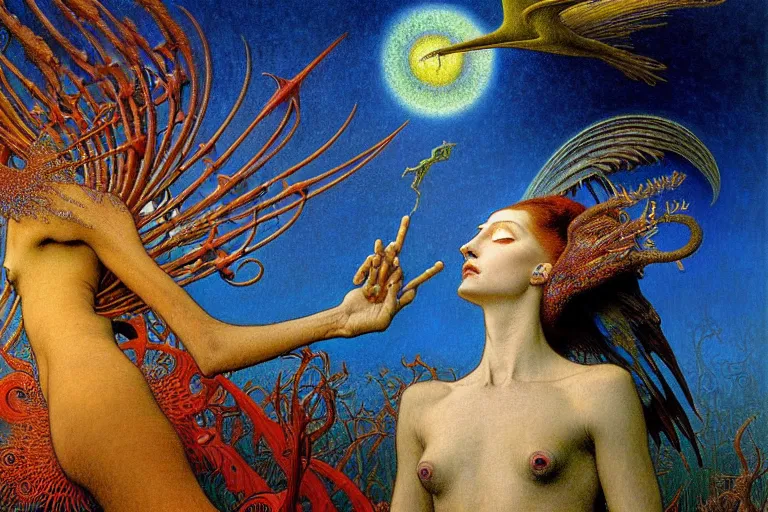 Image similar to realistic detailed portrait painting of a beautiful birdman, nightly graveyard landscape background by Jean Delville, Amano, Yves Tanguy, Max Ernst, Alphonse Mucha, Ernst Haeckel, Edward Robert Hughes, Roger Dean, masterpiece, cinematic composition, dramatic pose, 4k details, rich moody colours, blue eyes