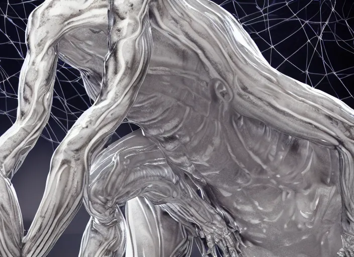 Image similar to stylized shiny polished silver statue full body extra limbs bizarre cosmic horror demonic demon made of marble of slug creature tendrils, perfect symmetrical body, perfect symmetrical face, hyper realistic, hyper detailed, by johannen voss, by michelangelo, octane render, blender, 8 k, displayed in pure white studio room