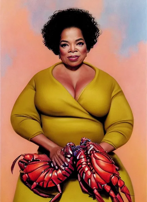 Prompt: ultrawide angle colour portrait masterpiece photography of oprah winfrey holding a lobster full body shot by annie leibovitz michael cheval miho hirano moebius josh kirb